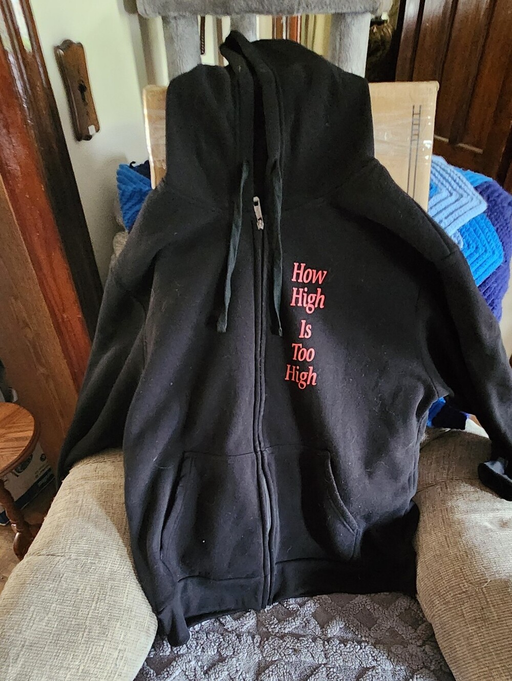 Black Hooded Zip Jacket with Red Script